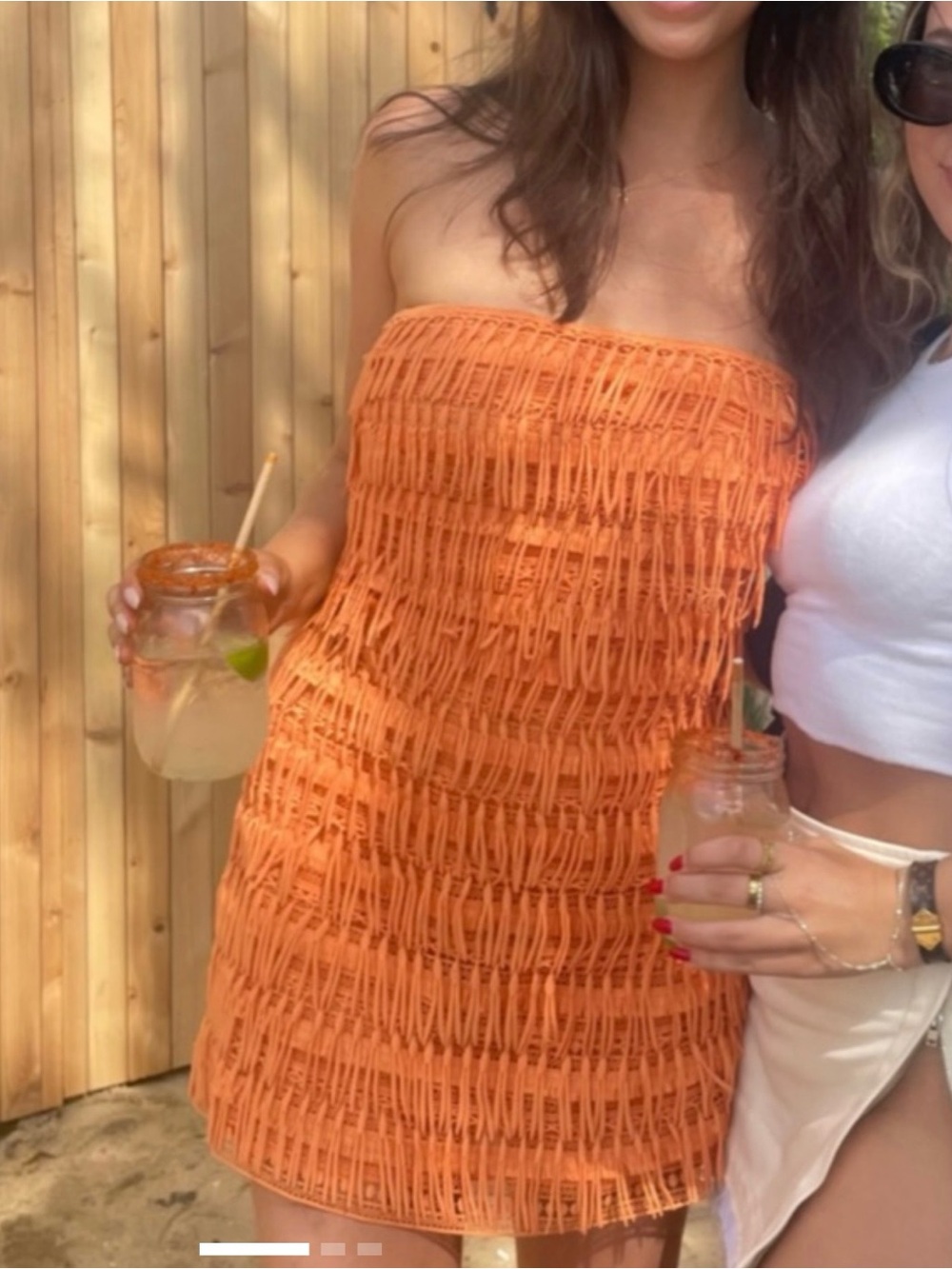 Anthropologie Orange Strapless Fringe Mini Dress